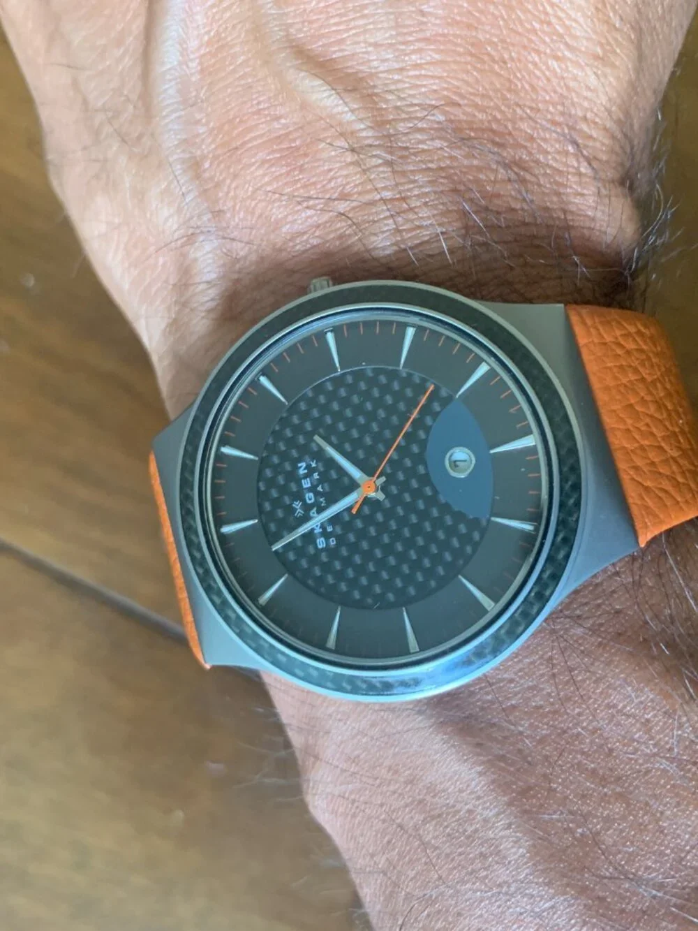 Skagen Denmark 234XXLTLO Titanium Quartz Watch Black Carbon Fiber Dial Orange